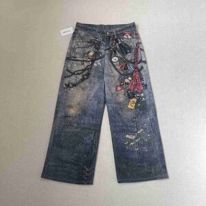 Acne Blue Straight Leg Jeans with Red Accents